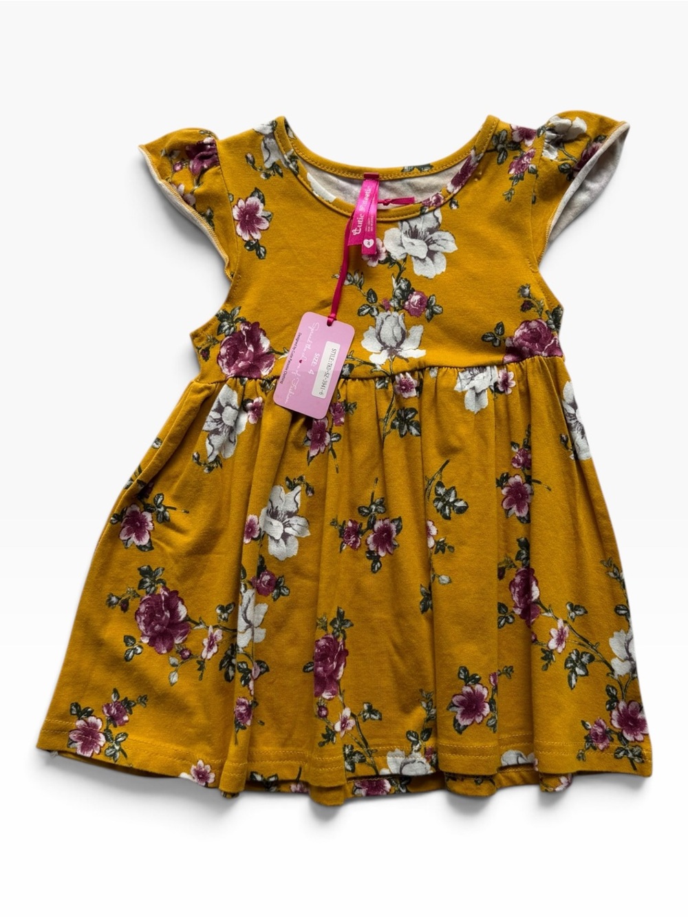 Mustard Floral Flutter-Sleeve Dress for Kids